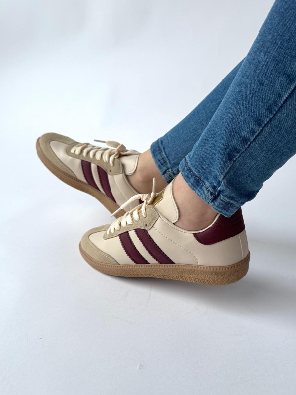 AYK-1014 Krem Bordo SMB Şeritli Sneaker