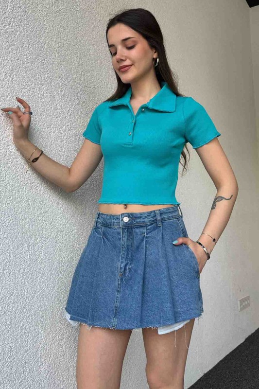 BLZ-06271 Turkuaz Polo Düğmeli Yaka Kaşkorse Kumaş Bluz