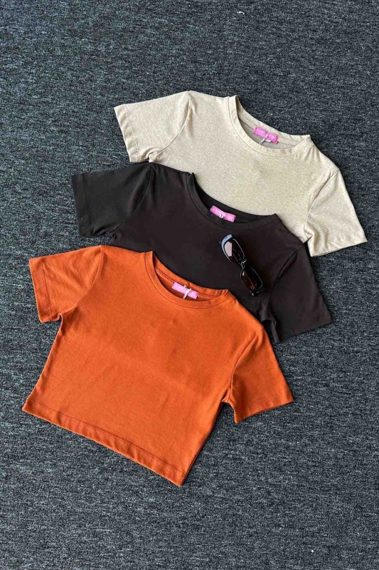 BLZ-06275 Turuncu Crop Pamuklu Basic Tişört