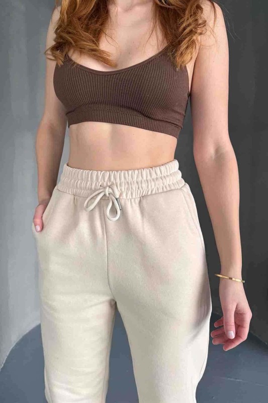 EŞF-09091 Krem Rengi İki İplik Şardonlu Jogger Eşofman