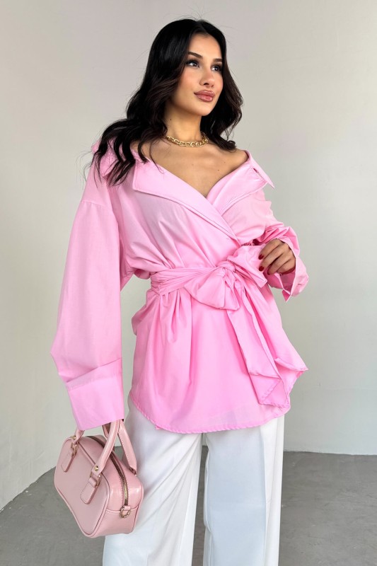 GML-13259 Pembe Kruvaze Yaka Bağlamalı Asimetrik Kesim Gömlek