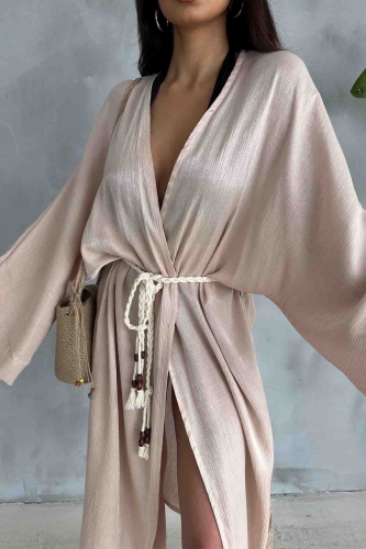 Cappmoda - HRK-19102 Bej Rengi Effect Saten Kumaş Halat Kuşaklı Uzun Kimono (1)
