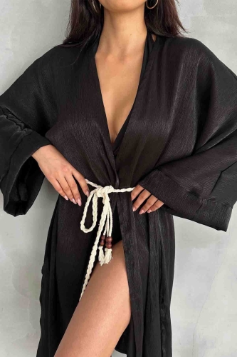 Cappmoda - HRK-19102 Siyah Effect Saten Kumaş Halat Kuşaklı Uzun Kimono (1)