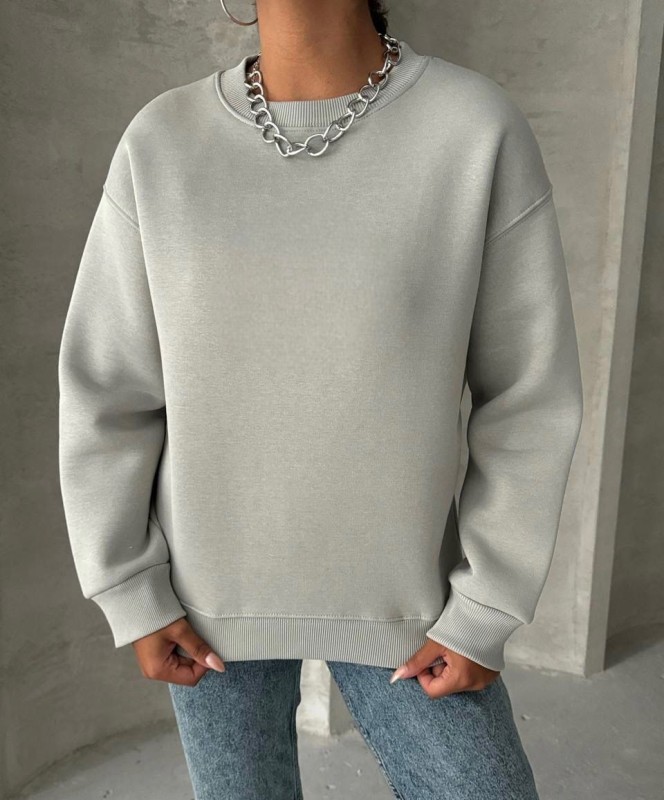 SWT-14256 Boyama Gri Basic Üç İplik Şardonlu Sweatshirt