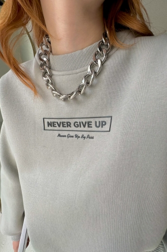 SWT-14221 Boyama Gri Never Give Up Kabartma Baskılı Üç İplik Şardonlu Sweatshirt - Thumbnail