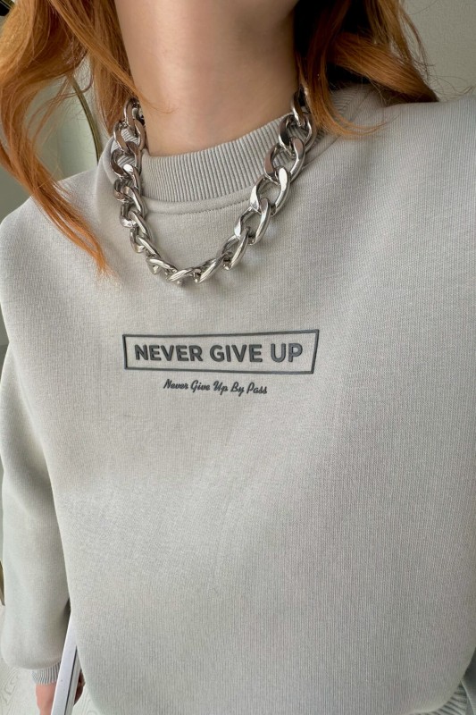 SWT-14221 Boyama Gri Never Give Up Kabartma Baskılı Üç İplik Şardonlu Sweatshirt