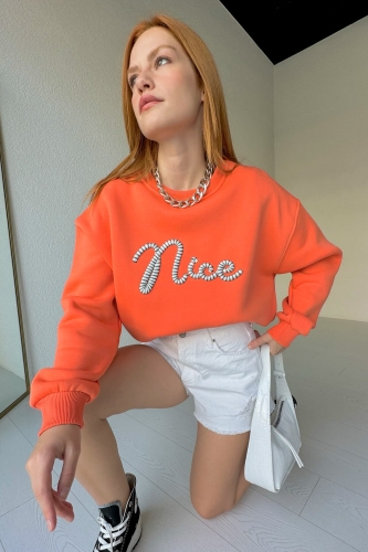 SWT-14233 Turuncu Nice Nakışlı Bisiklet Yaka Üç İplik Şardonlu Sweatshirt - Thumbnail