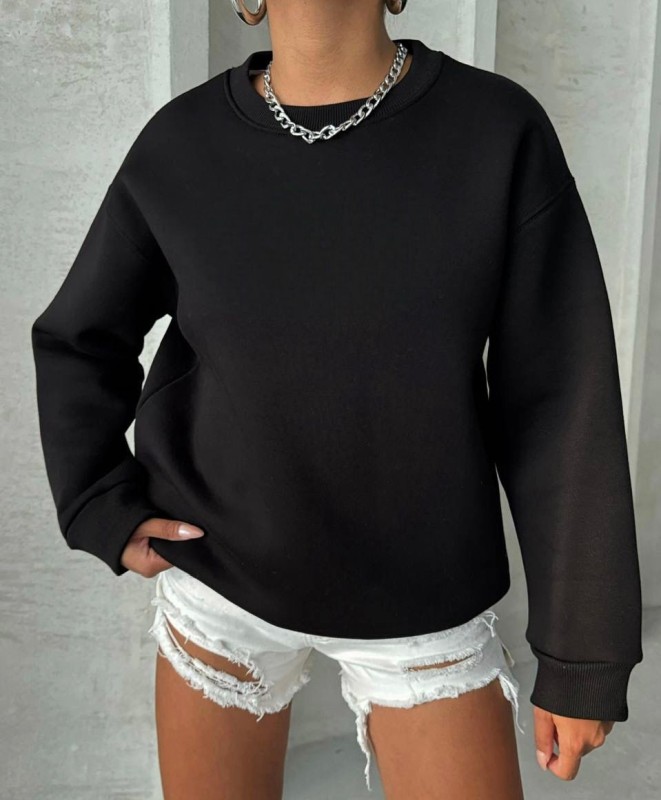 SWT-14256 Siyah Basic Üç İplik Şardonlu Sweatshirt