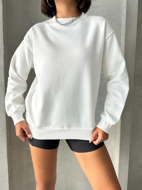 SWT-14258 Beyaz Basic İki İplik Şardonlu Mevsimlik Kumaş Bisiklet Yaka Sweatshirt