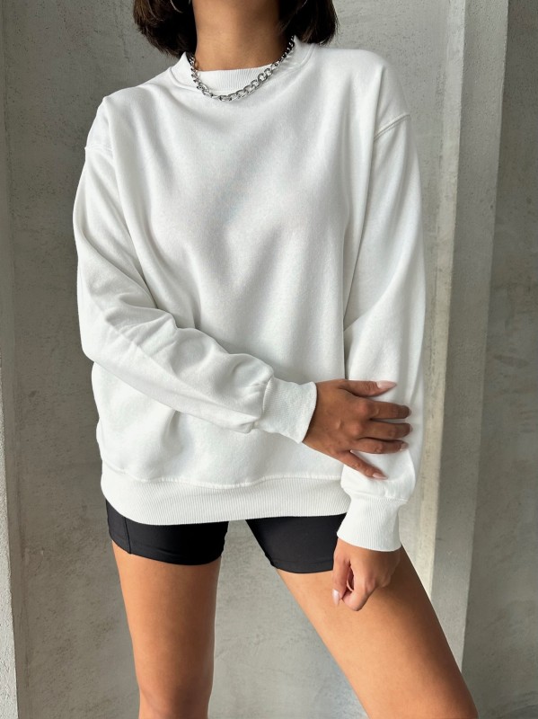 SWT-14258 Beyaz Basic İki İplik Şardonlu Mevsimlik Kumaş Bisiklet Yaka Sweatshirt