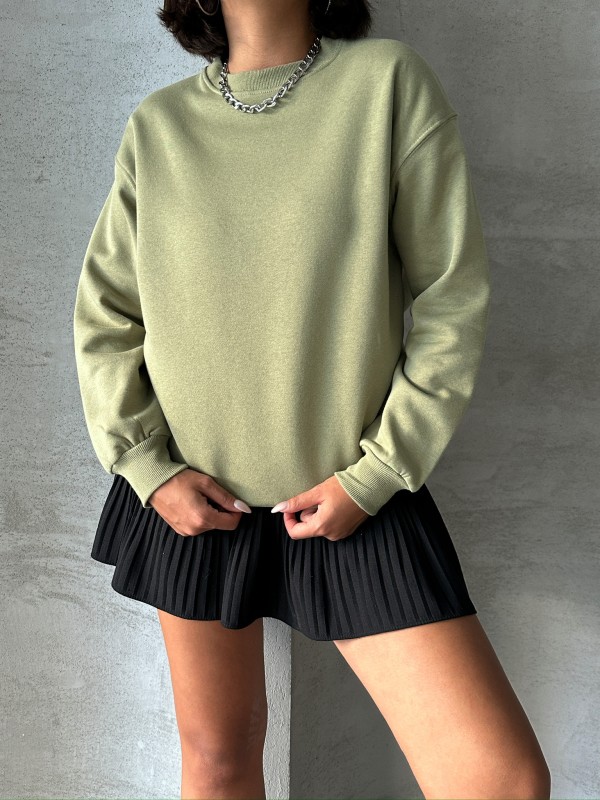 SWT-14258 Haki Basic İki İplik Şardonlu Mevsimlik Kumaş Bisiklet Yaka Sweatshirt