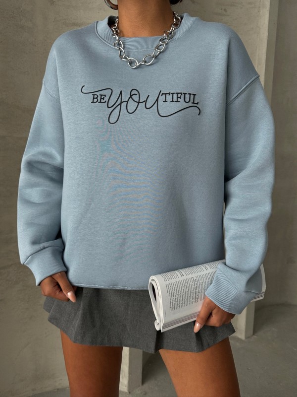 SWT-14260 Bebe Mavi Beatiful Kabartma Baskılı Bisiklet Yaka Üç İplik Şardonlu Sweatshirt