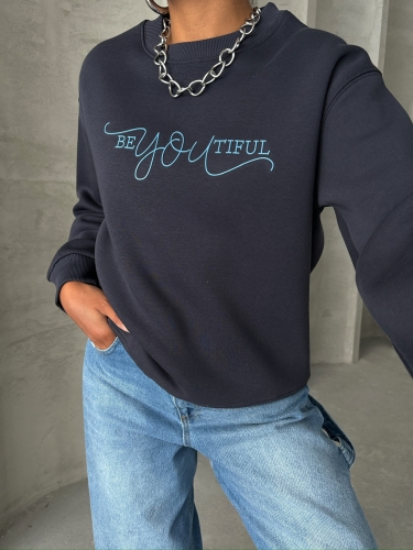 Cappmoda - SWT-14260 Lacivert Beatiful Kabartma Baskılı Bisiklet Yaka Üç İplik Şardonlu Sweatshirt (1)