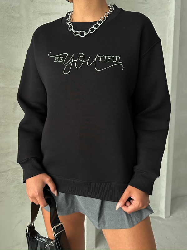 SWT-14260 Siyah Beatiful Kabartma Baskılı Bisiklet Yaka Üç İplik Şardonlu Sweatshirt