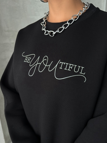 SWT-14260 Siyah Beatiful Kabartma Baskılı Bisiklet Yaka Üç İplik Şardonlu Sweatshirt - Thumbnail