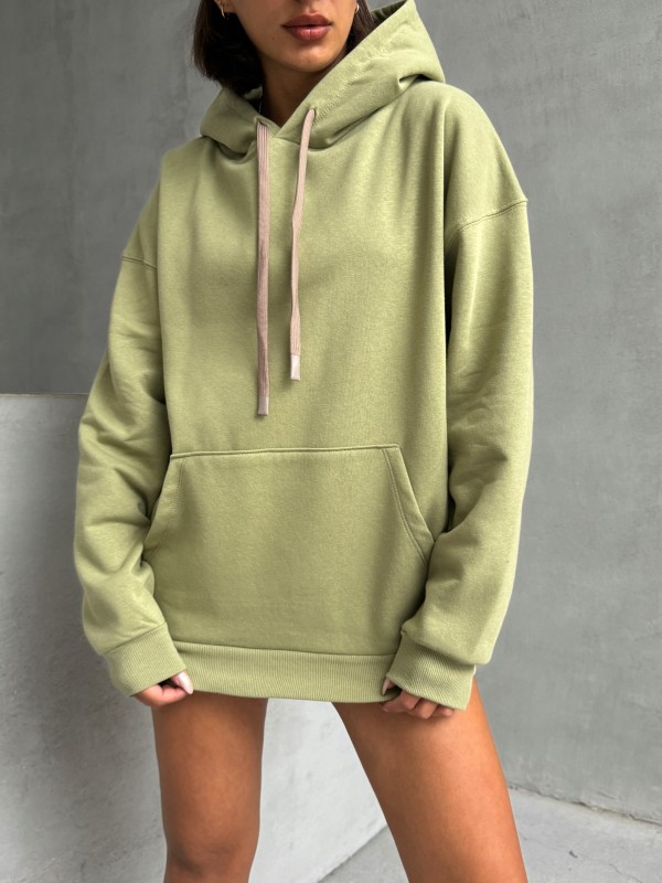 SWT-14261 Haki Kordonlu Kapüşonlu Kanguru Cep İki İplik Şardonlu Sweatshirt