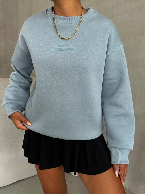 SWT-14262 Bebe Mavi Move Forvard Kabartma Baskılı Üç İplik Şardonlu Bisiklet Yaka Sweatshirt