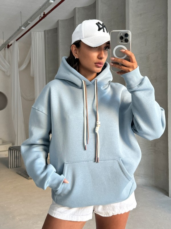 SWT-14263 Bebe Mavi Çift Kordonlu Kapüşonlu Üç İplik Şardonlu Sweatshirt