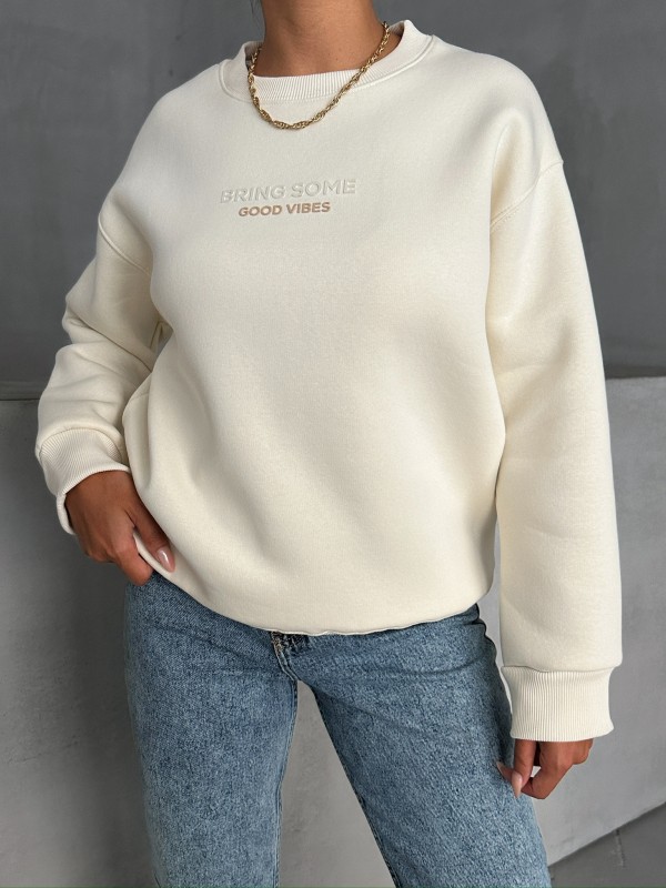 SWT-14265 Ekru Bring Some Kabartma Yazı Baskılı Üç İplik Şardonlu Sweatshirt