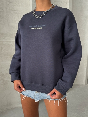 SWT-14265 Füme Bring Some Kabartma Yazı Baskılı Üç İplik Şardonlu Sweatshirt - Thumbnail