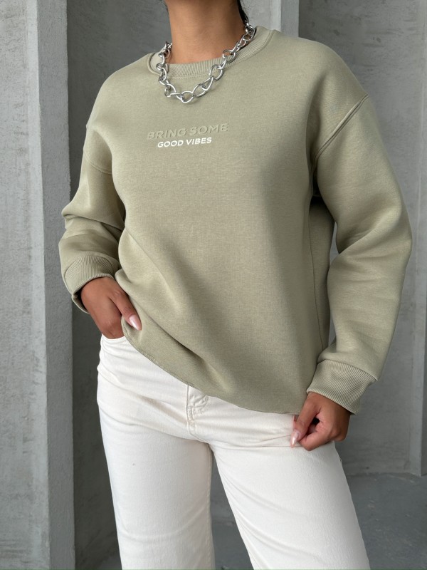 SWT-14265 Haki Bring Some Kabartma Yazı Baskılı Üç İplik Şardonlu Sweatshirt