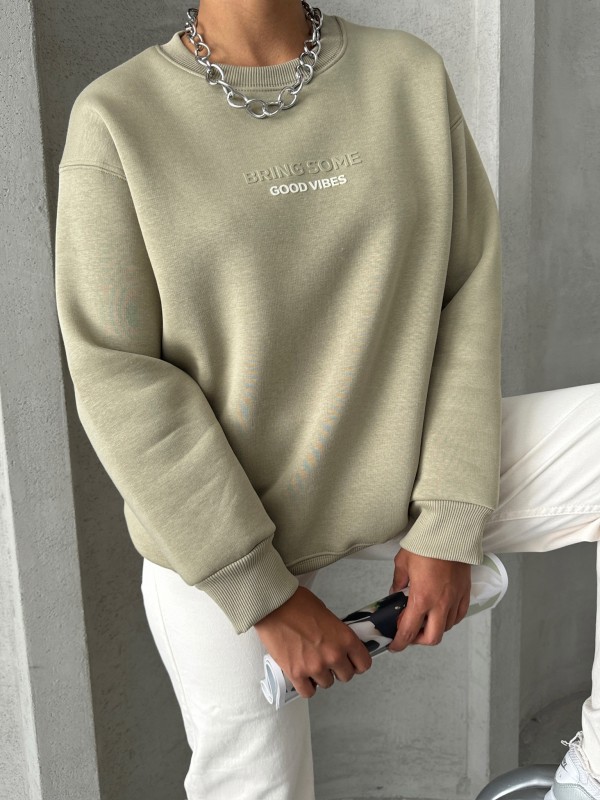 SWT-14265 Haki Bring Some Kabartma Yazı Baskılı Üç İplik Şardonlu Sweatshirt