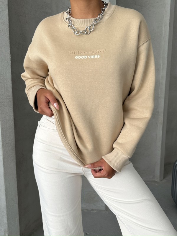 SWT-14265 Vizon Bring Some Kabartma Yazı Baskılı Üç İplik Şardonlu Sweatshirt