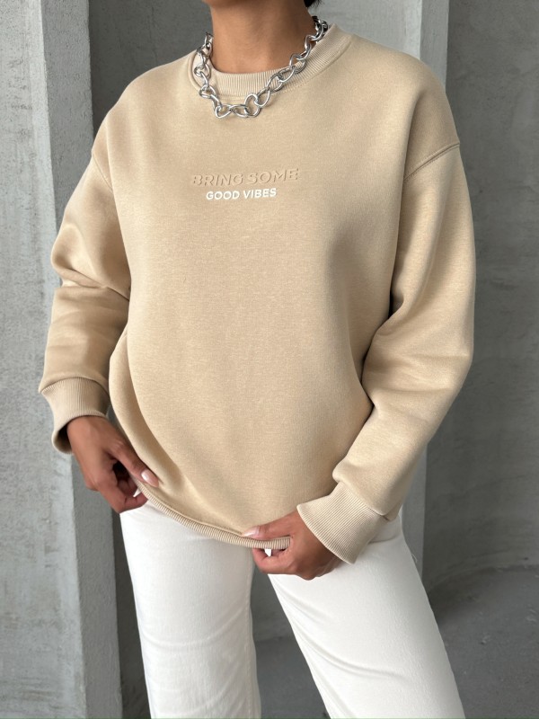 SWT-14265 Vizon Bring Some Kabartma Yazı Baskılı Üç İplik Şardonlu Sweatshirt