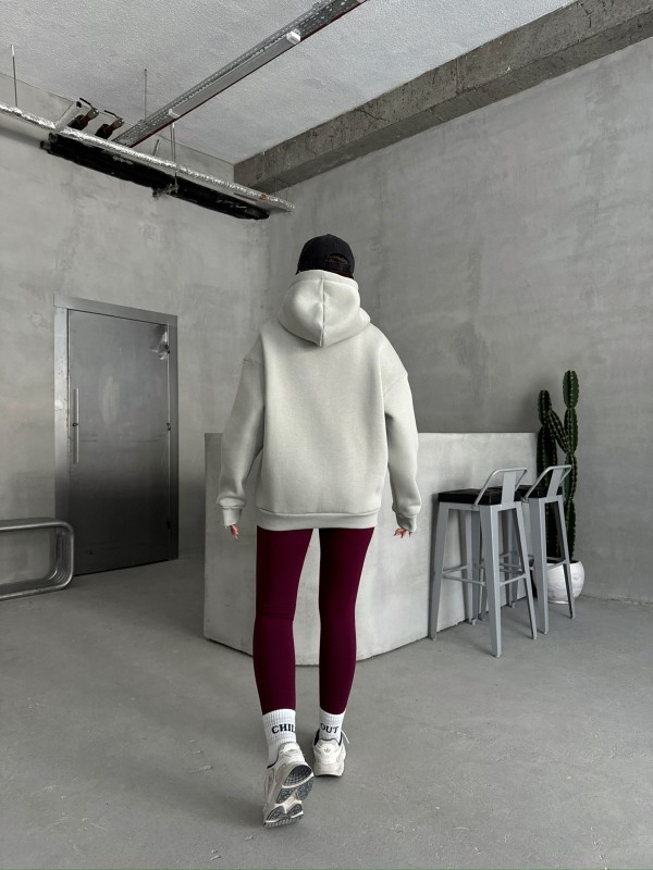 SWT-14266 Boyama Gri Pure White Yazı Baskılı Kapüşonlu Üç İplik Şardonlu Sweatshirt