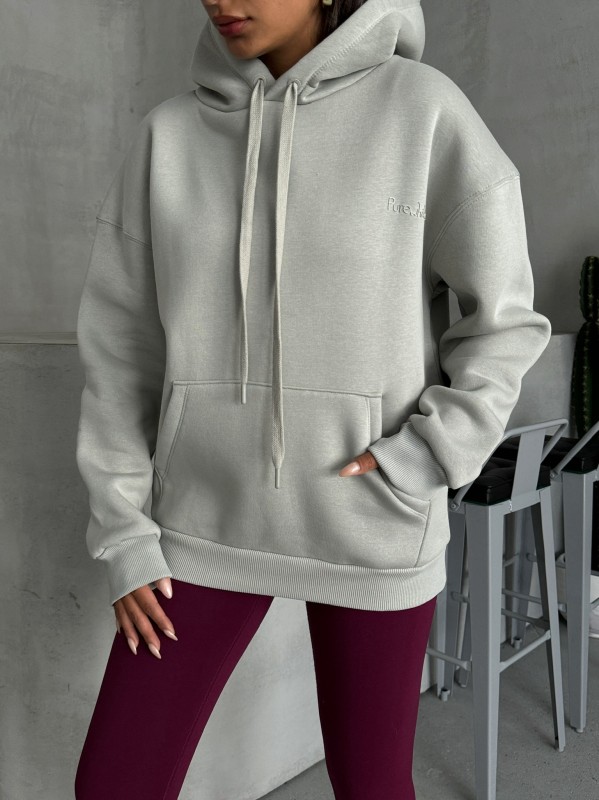 SWT-14266 Boyama Gri Pure White Yazı Baskılı Kapüşonlu Üç İplik Şardonlu Sweatshirt