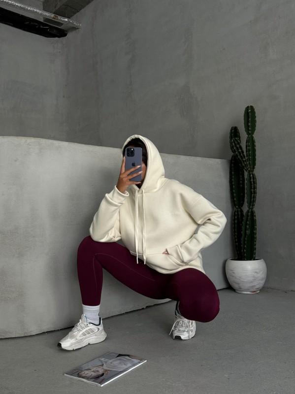 SWT-14266 Ekru Pure White Yazı Baskılı Kapüşonlu Üç İplik Şardonlu Sweatshirt