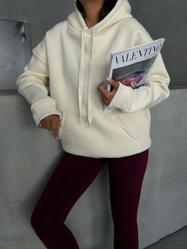 SWT-14266 Ekru Pure White Yazı Baskılı Kapüşonlu Üç İplik Şardonlu Sweatshirt - Thumbnail