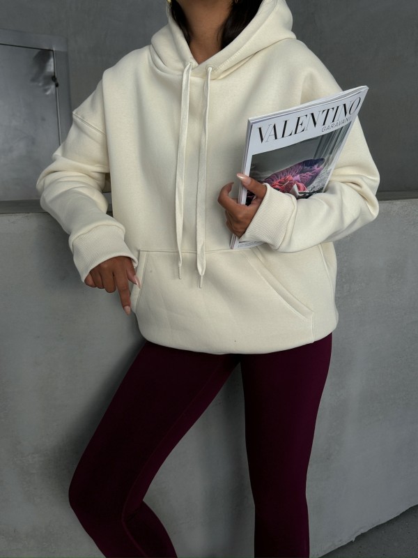 SWT-14266 Ekru Pure White Yazı Baskılı Kapüşonlu Üç İplik Şardonlu Sweatshirt