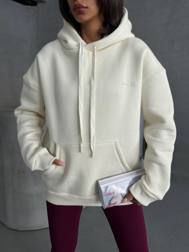 SWT-14266 Ekru Pure White Yazı Baskılı Kapüşonlu Üç İplik Şardonlu Sweatshirt - Thumbnail