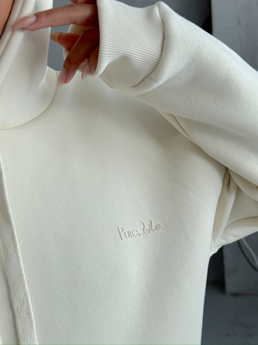 SWT-14266 Ekru Pure White Yazı Baskılı Kapüşonlu Üç İplik Şardonlu Sweatshirt - Thumbnail