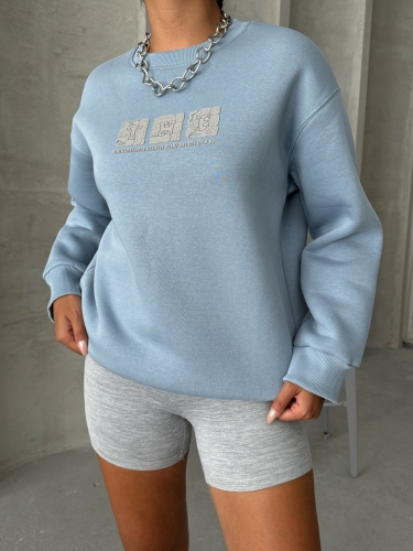 SWT-14268 Bebe Mavi Motif Desen Kabartma Baskılı Üç İplik Şardonlu Basic Sweatshirt - Thumbnail