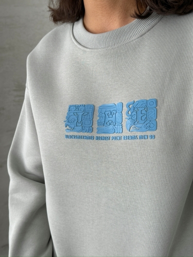 SWT-14268 Boyama Gri Motif Desen Kabartma Baskılı Üç İplik Şardonlu Basic Sweatshirt - Thumbnail