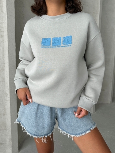 SWT-14268 Boyama Gri Motif Desen Kabartma Baskılı Üç İplik Şardonlu Basic Sweatshirt - Thumbnail