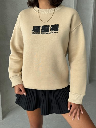 SWT-14268 Vizon Motif Desen Kabartma Baskılı Üç İplik Şardonlu Basic Sweatshirt - Thumbnail