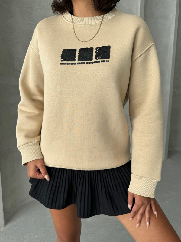 SWT-14268 Vizon Motif Desen Kabartma Baskılı Üç İplik Şardonlu Basic Sweatshirt