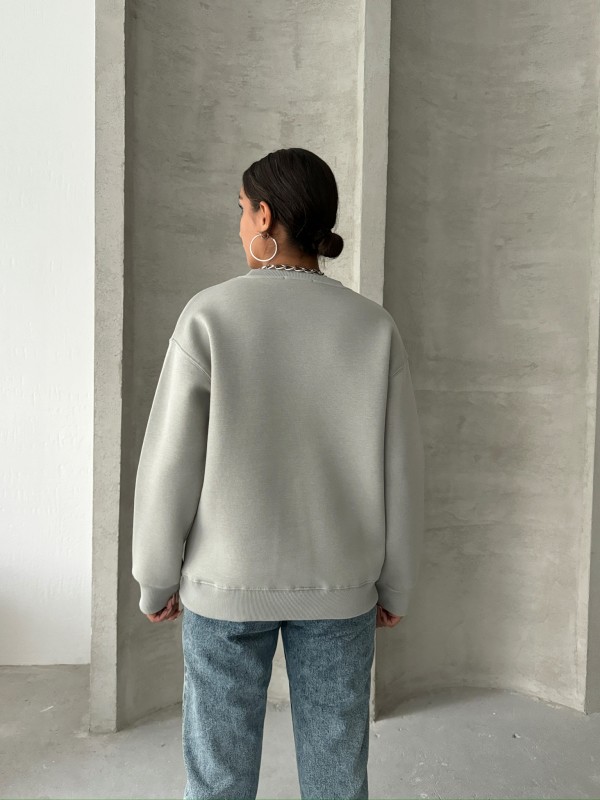 SWT-14269 Boyama Gri Bisiklet Kabartma Baskılı Üç İplik Şardonlu Basic Sweatshirt