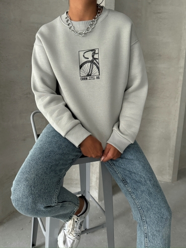 SWT-14269 Boyama Gri Bisiklet Kabartma Baskılı Üç İplik Şardonlu Basic Sweatshirt - Thumbnail