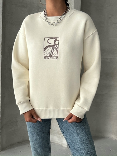 SWT-14269 Ekru Bisiklet Kabartma Baskılı Üç İplik Şardonlu Basic Sweatshirt - Thumbnail