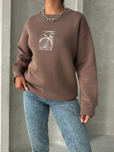 SWT-14269 Kahverengi Bisiklet Kabartma Baskılı Üç İplik Şardonlu Basic Sweatshirt - Thumbnail