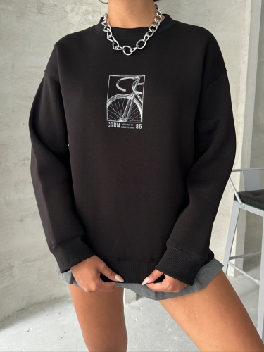 SWT-14269 Siyah Bisiklet Kabartma Baskılı Üç İplik Şardonlu Basic Sweatshirt - Thumbnail