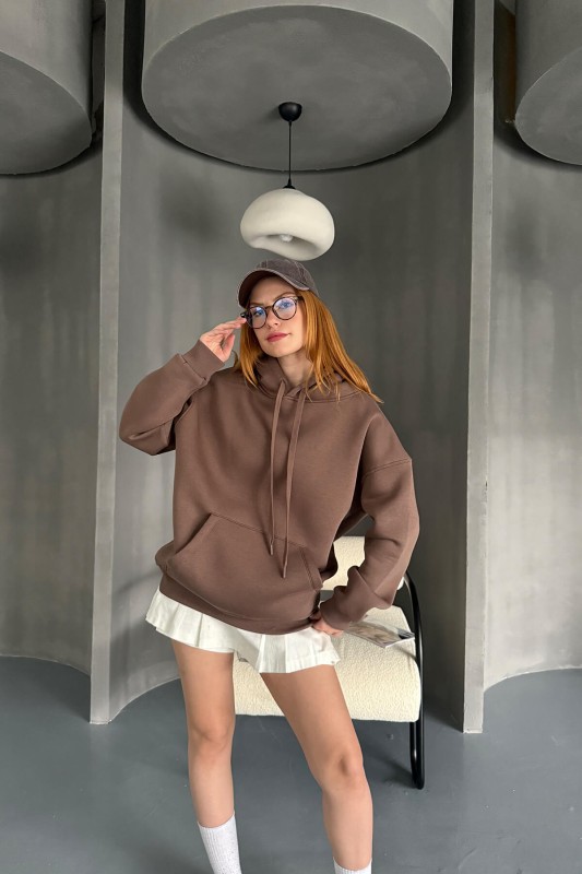 SWT-14270 Kahverengi Kapüşonlu Kanguru Cepli Üç İplik Şardonlu Sweatshirt