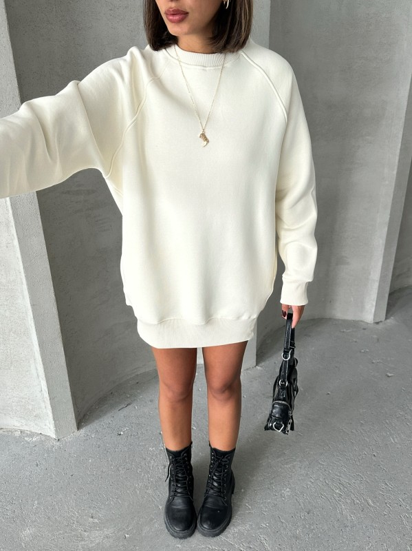 SWT-14271 Ekru Cepli Oversize Üç İplik Kapüşonlu Basic Sweatshirt