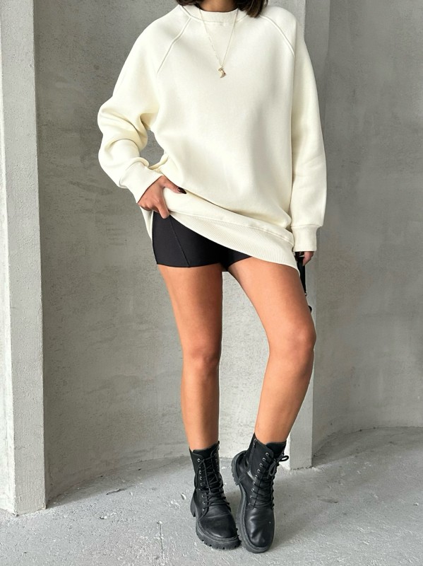 SWT-14271 Ekru Cepli Oversize Üç İplik Kapüşonlu Basic Sweatshirt