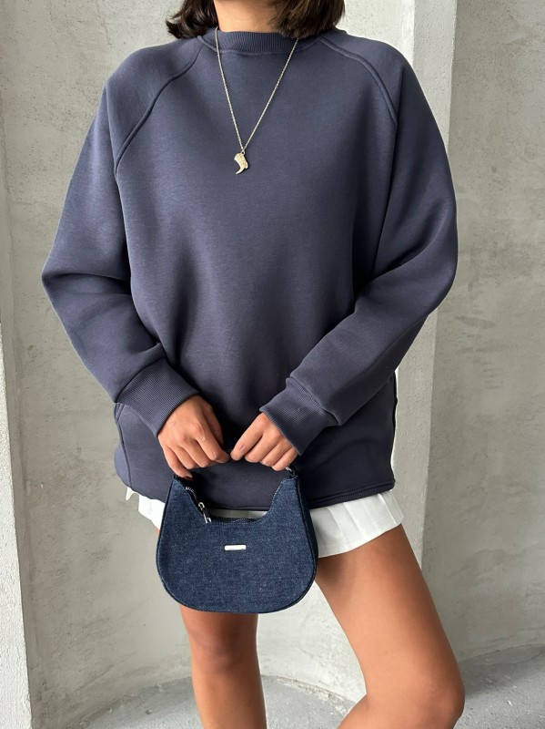 SWT-14271 Füme Cepli Oversize Üç İplik Kapüşonlu Basic Sweatshirt