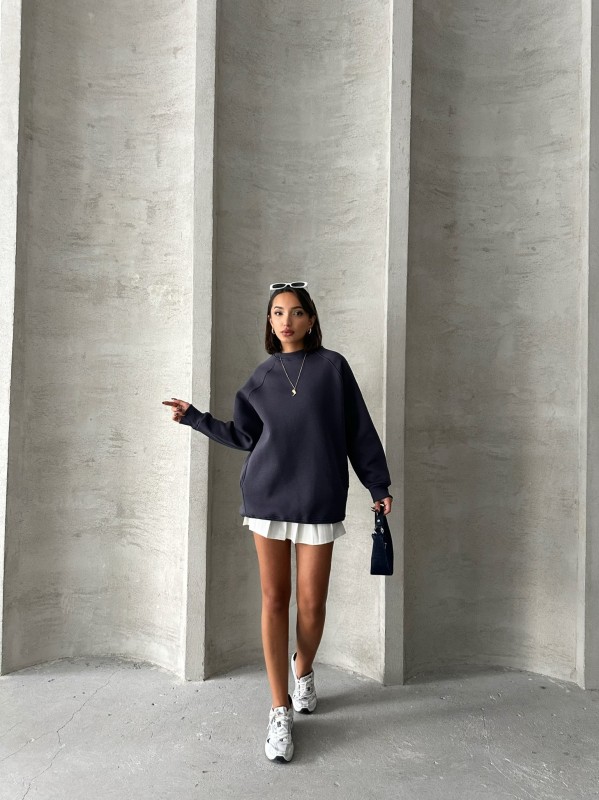 SWT-14271 Füme Cepli Oversize Üç İplik Kapüşonlu Basic Sweatshirt